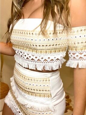 BLITH Embroidered White & Gold Fringe Skort